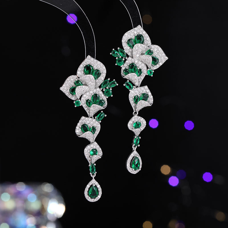 Heavy Craft Earrings Dress Matching Petal Long Elegant Flower Zircon Earrings