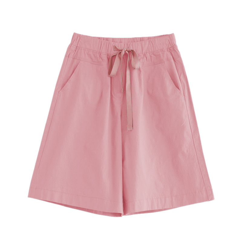 Spring and summer women mid-waist wide-leg five-tenths casual pants cotton spandex mid-elastic commute 200 jin women