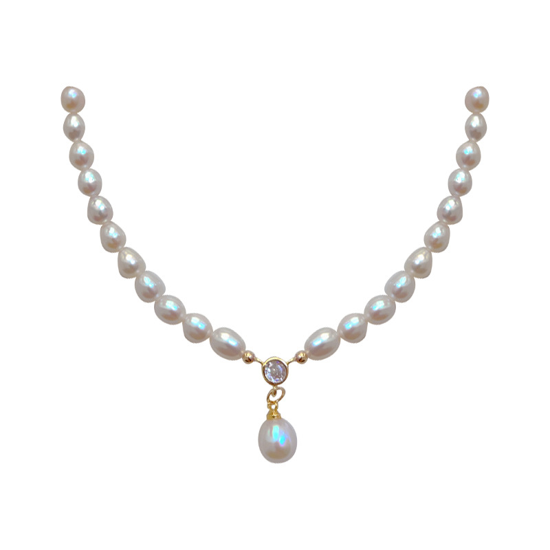Natural pearl necklace for women, elegant collarbone chain with small rice pearls, vintage style