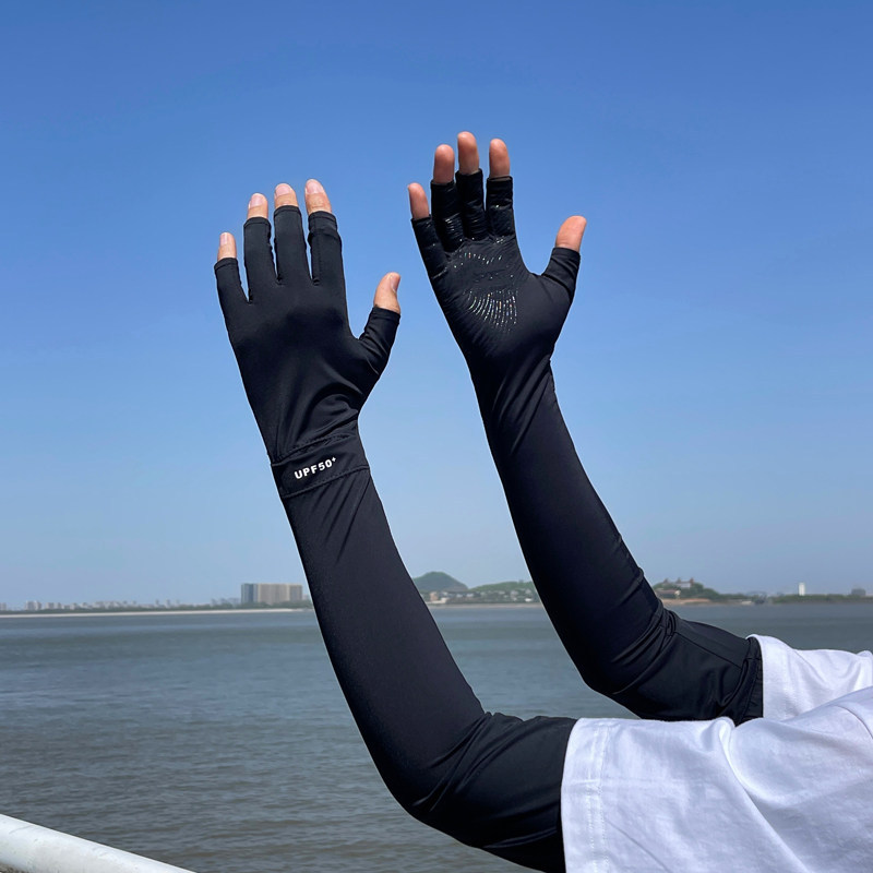 Sun Protection Gloves for Men Summer Ice Silk Driving Cycling UV Protection Fingerless Ice Silk Men's Long Arm Protection Sleeves