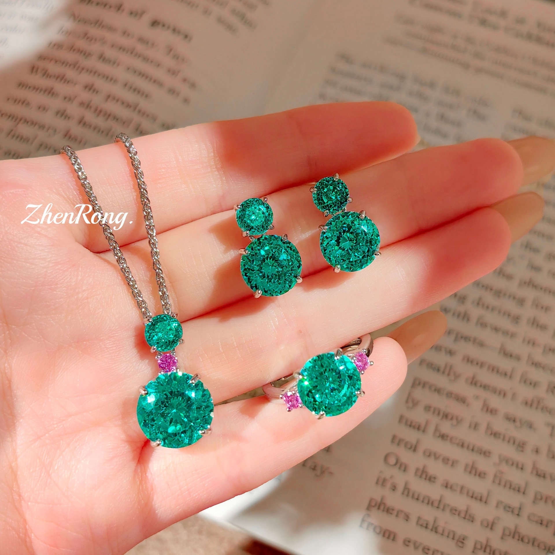 炫彩 pink diamond color gem set brilliant fire cut Paraiba pendant open ring Tanzanite blue earrings women copper