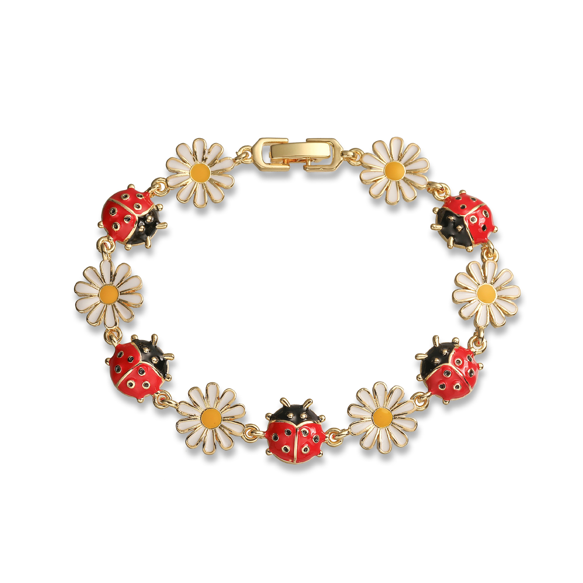 Fresh and Cute Colorful Drip Oil Beetle Daisy Patchwork Bracelet for Women Unique Flower Ladybug Bangle