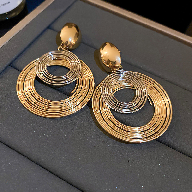 Exaggerated Metallic Multi-Layer Circle Silver Needle Earrings Geometric Earrings for Women