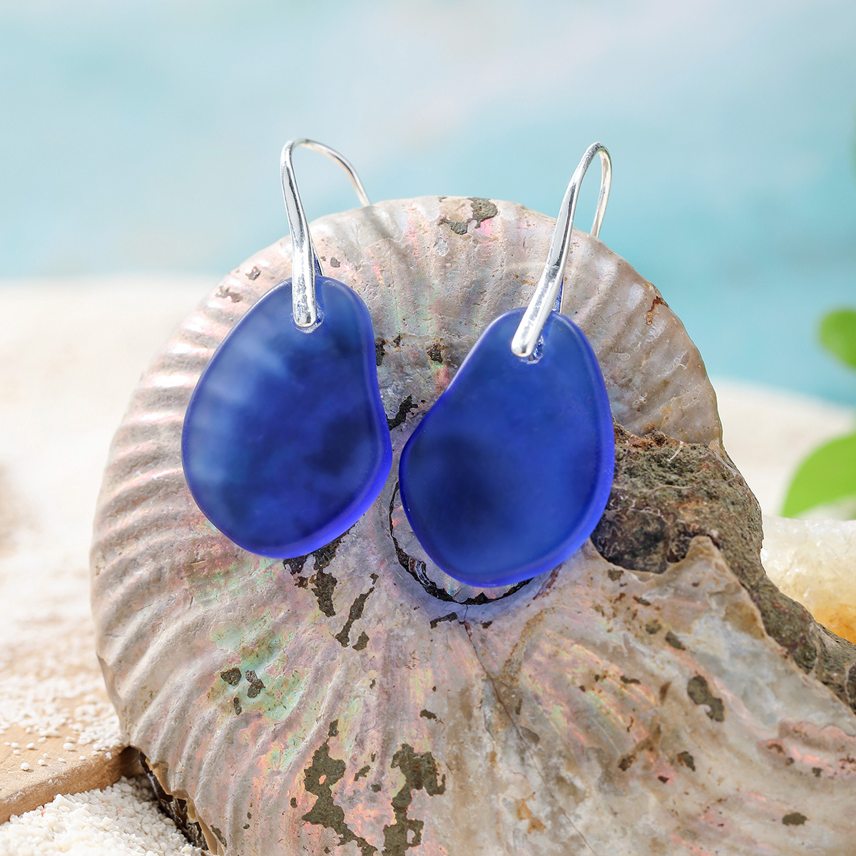 Hawaiian Beach Style Copper Electroplated Colored Sea Glass Silver Hook Earrings Drop Earrings Multiple Colors Available