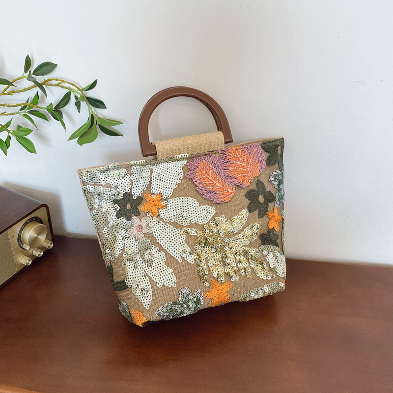 Linen Bamboo Knot Handle Bag 2025 New Chinese Style Women's Flower Large Capacity Handbag