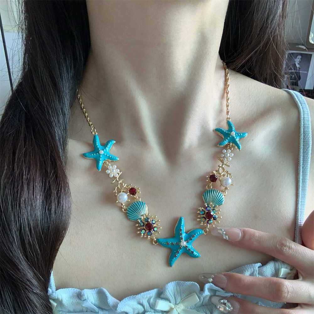 Hawaiian Style Starfish Shell Necklace Women Beach Vacation Style Neck Chain Photo Prop Accessories Collarbone Chain