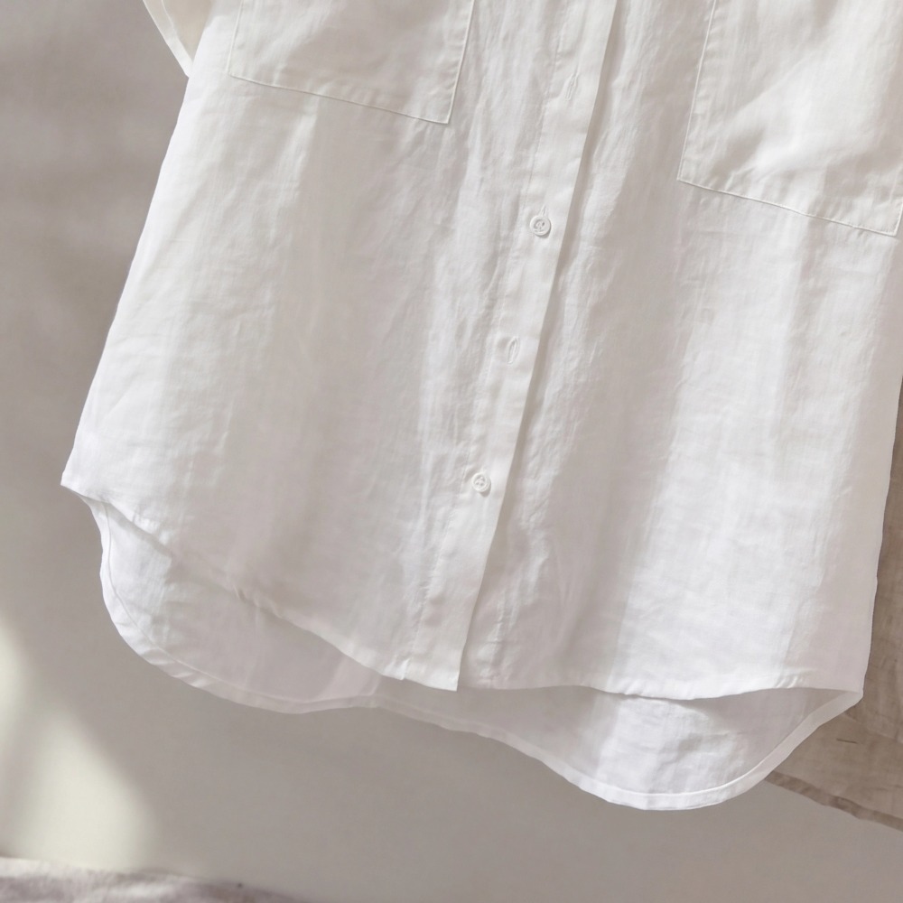Linen short-sleeve shirt women summer simple loose turn-up thin casual white top