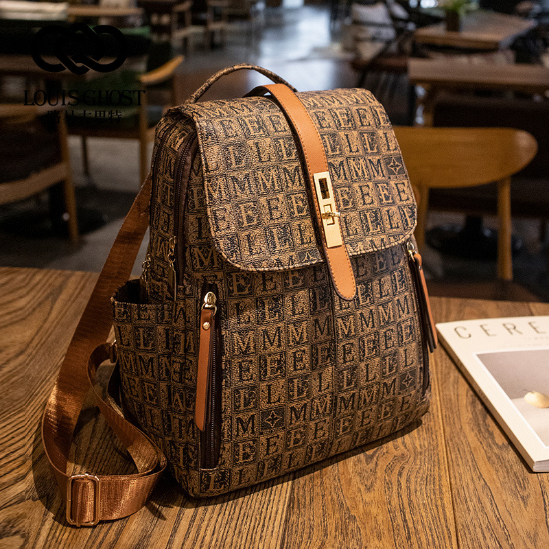 Double-shoulder bag women 2026 new casual classic pattern large capacity backpack printed travel large bag