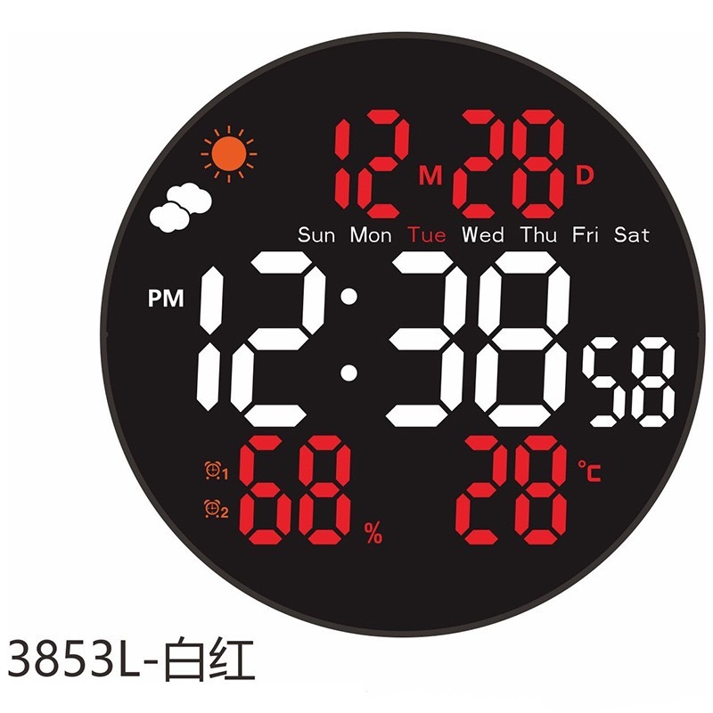 10-inch Round Large Screen Digital Electronic Clock Remote Control LED Alarm Clock Display Weather Temperature Humidity Calendar Wall Clock