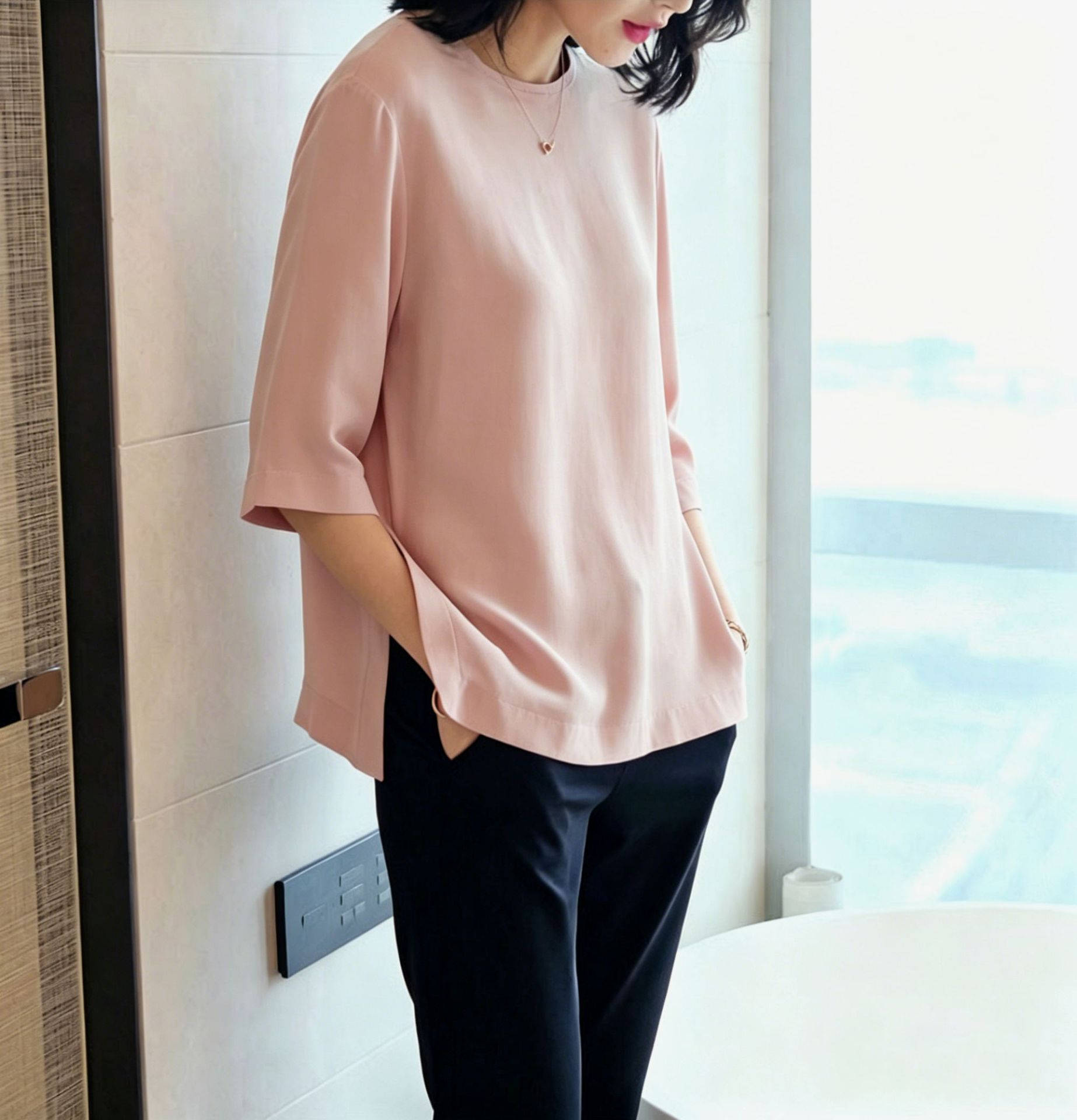 2026 Spring/Summer C010H Mulberry Silk Top Three-quarter Sleeve Round Neck Silk Blouse Women's Shirt Loose