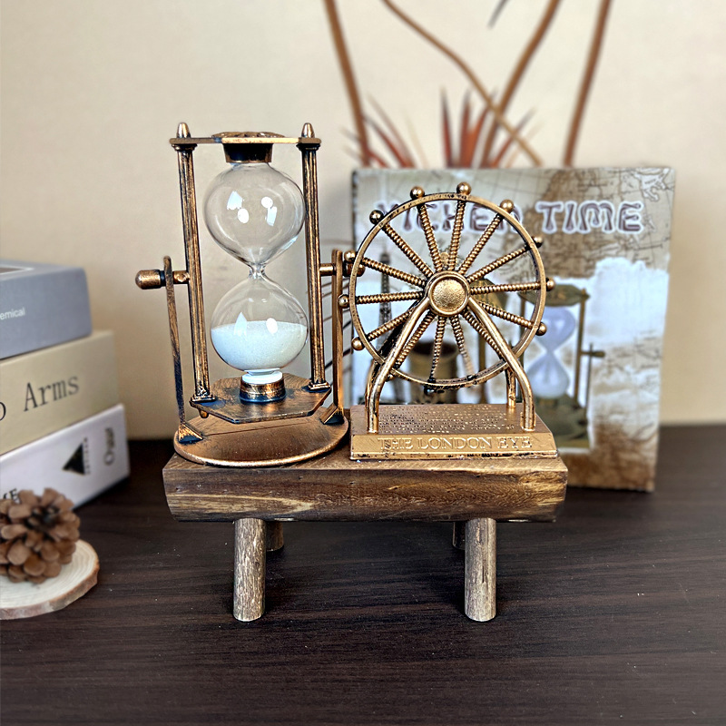 1047 Iron Tower Hourglass Ornament Simple Modern Home Study Wooden Base Hourglass Ornament