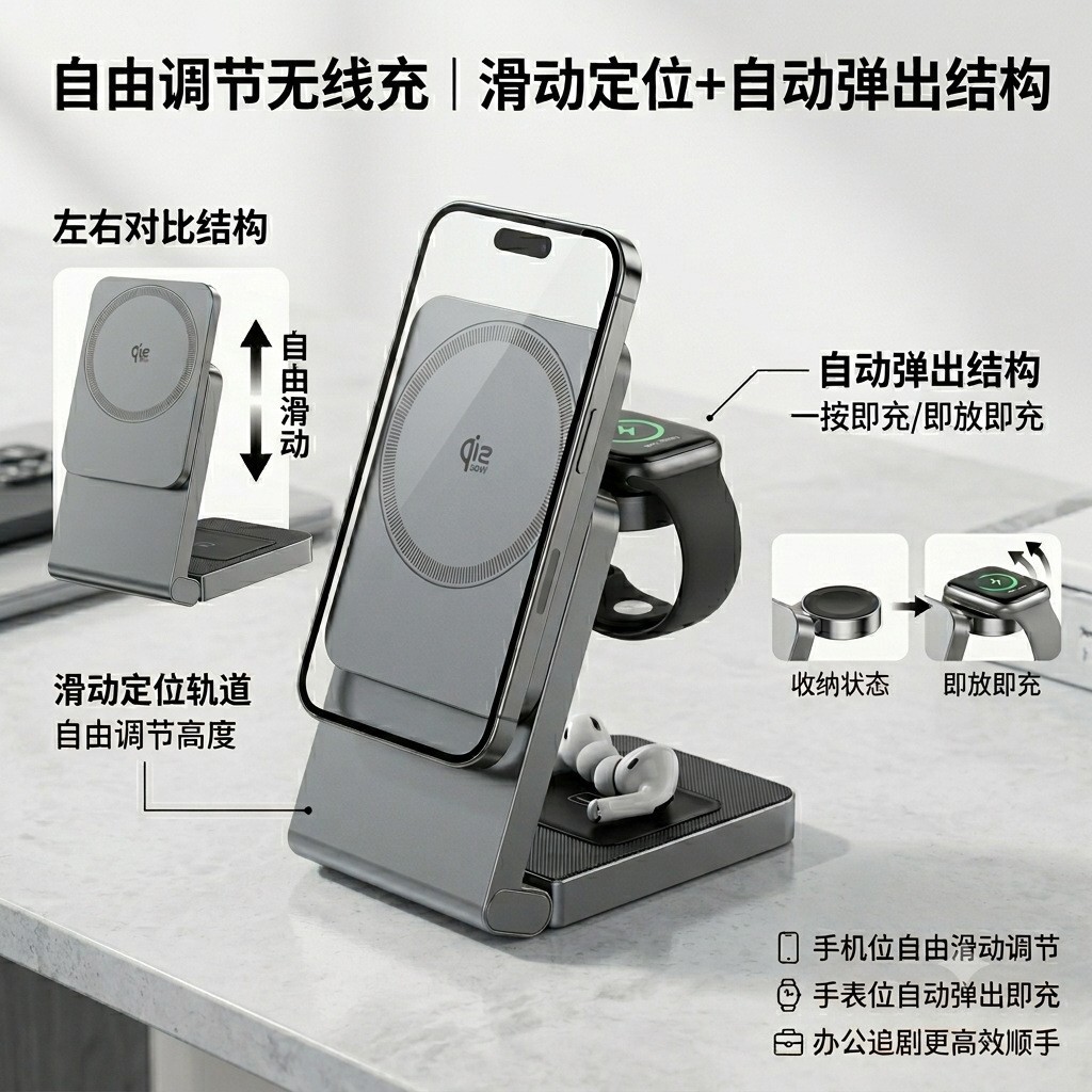 Industry First 25W Sliding Foldable QI2.2 3-in-1 Magnetic Wireless Charger Bracket Suitable for Apple Phones
