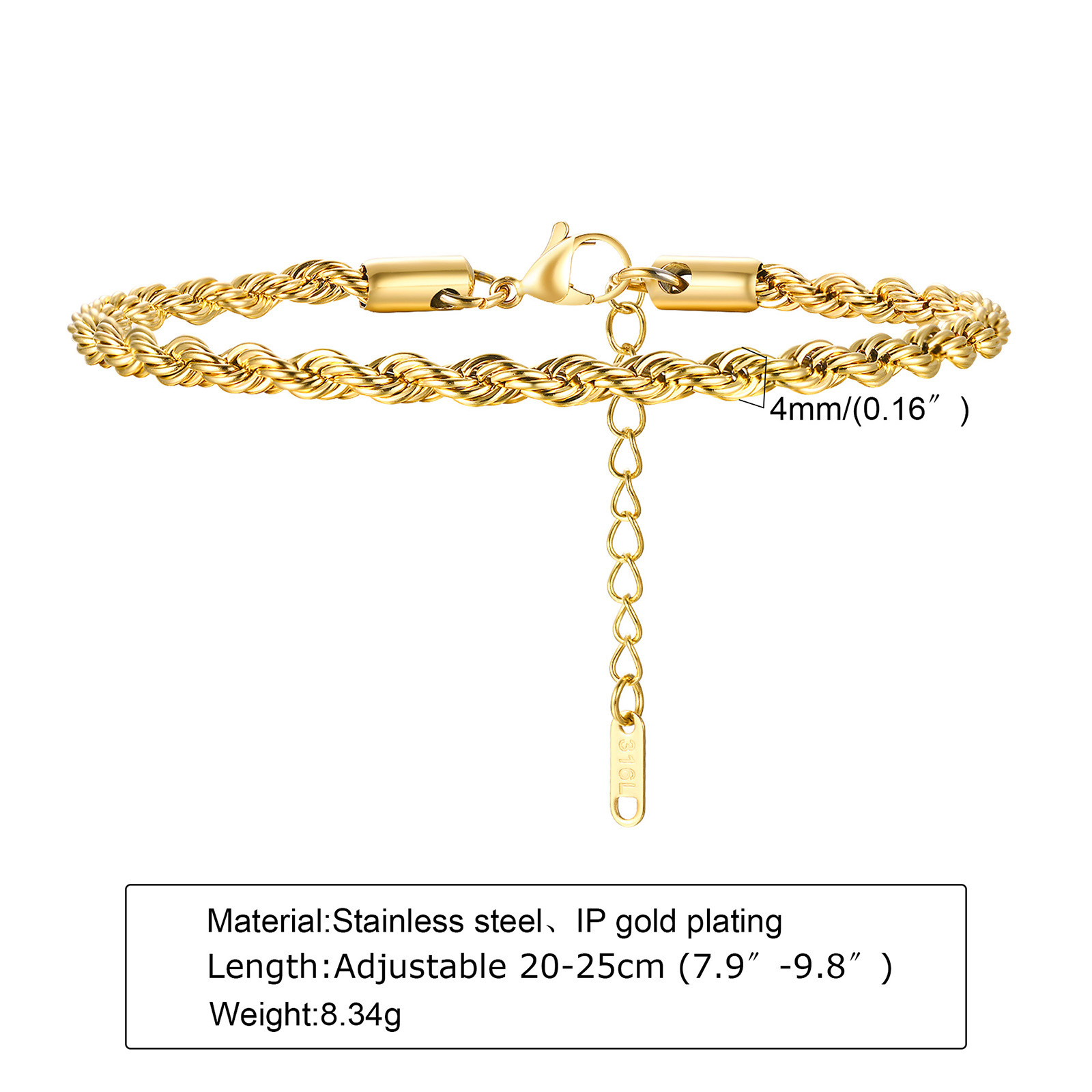 Titanium Steel Hemp Rope Bracelet Thick 2/3/4/5/8MM Unisex Women's Gold-Plated Stainless Steel Accessories