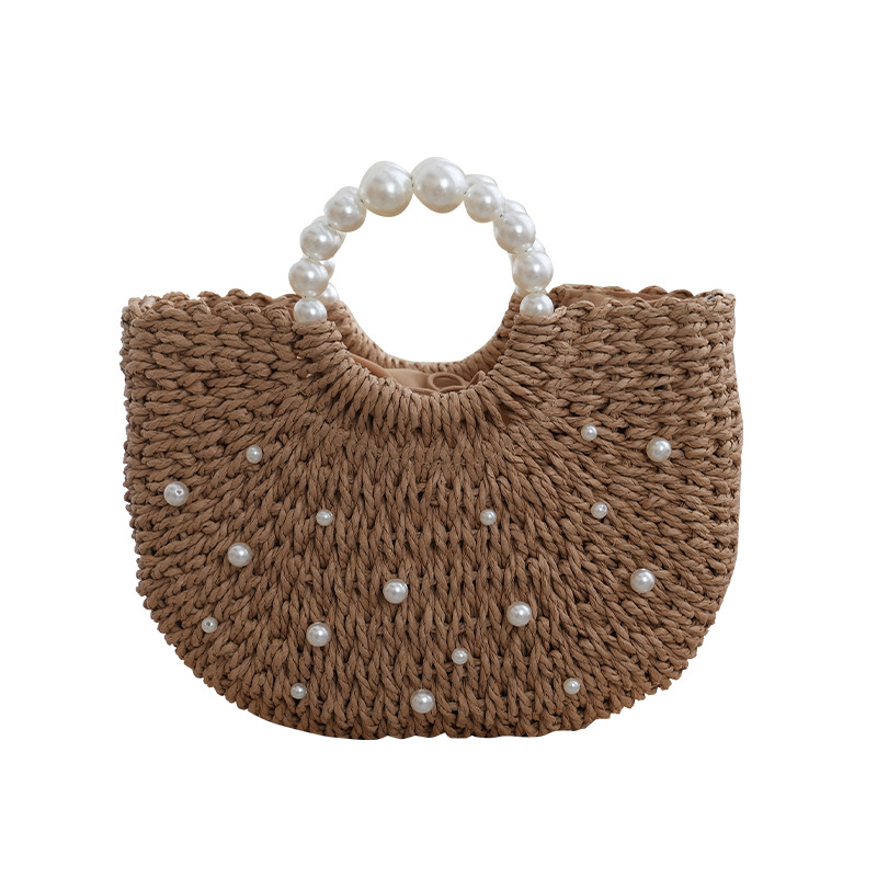 Large capacity pearl handbag straw woven simple tote bag woven semi-circular crossbody bag beaded