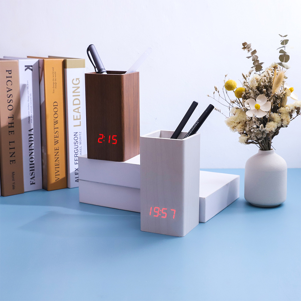 Simple home office pen holder wooden clock, wooden home pen holder alarm clock, factory direct sale