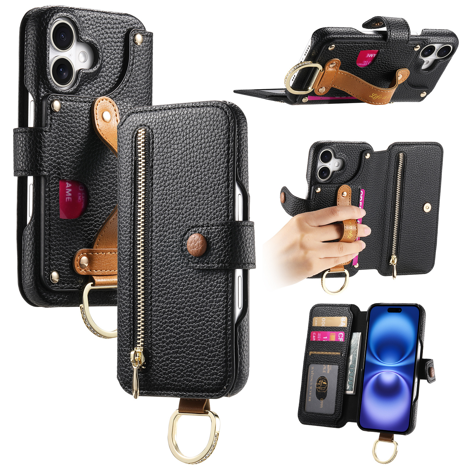 Litchi grain faux leather back adhesive flip phone leather case for Apple 18 phone case card slot iPhone18 shell