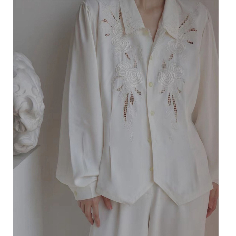 Beautiful Unique Special Blouse Mature Lady Top White Embroidered Lace Shirt Women