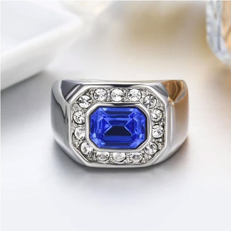 Blue Crystal Ring Simple Platinum-Plated Men Ring