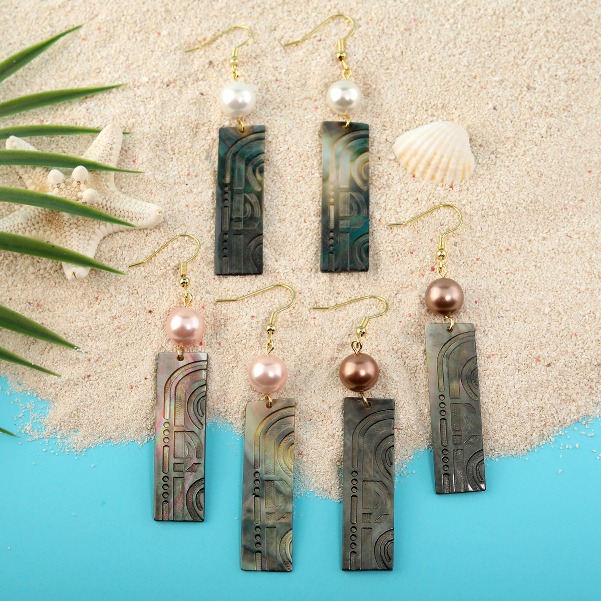 Black Shell Carved Long Strip Earrings Etsy Natural Mother of Pearl Pearl Drop Earrings