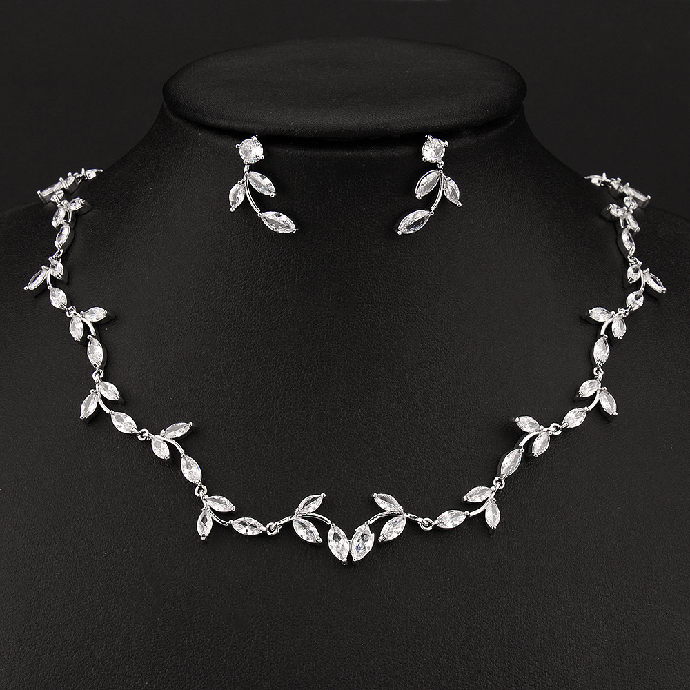 Leaf copper zircon necklace earring jewelry two-piece set bridal accessory gift women