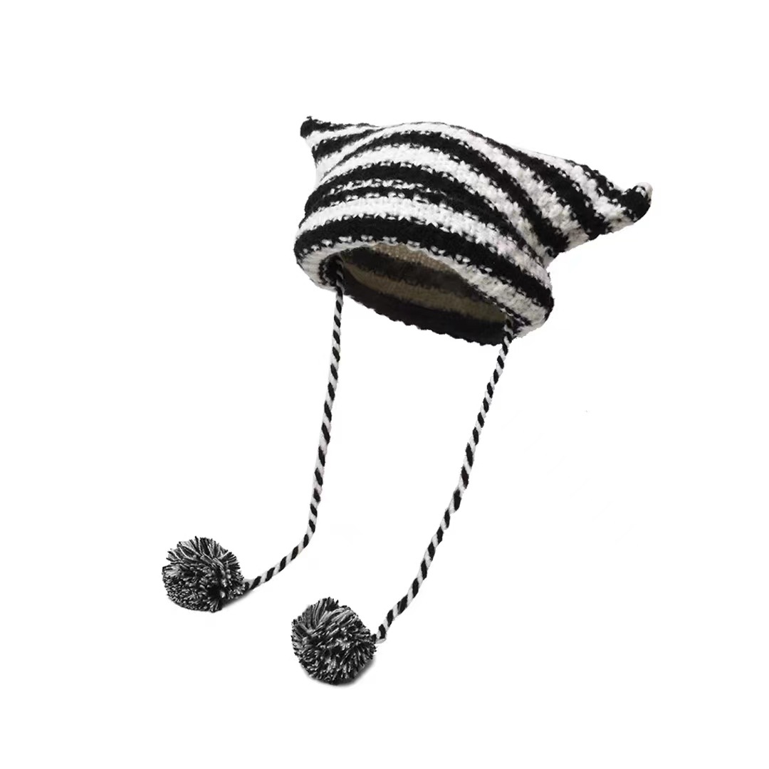 New striped little devil knitted hat autumn and winter ear-protecting warm face-showing pom-pom small wool hat