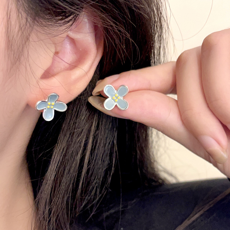 S925 silver needle niche blue flower ear studs earrings romantic simple ear accessories 7693