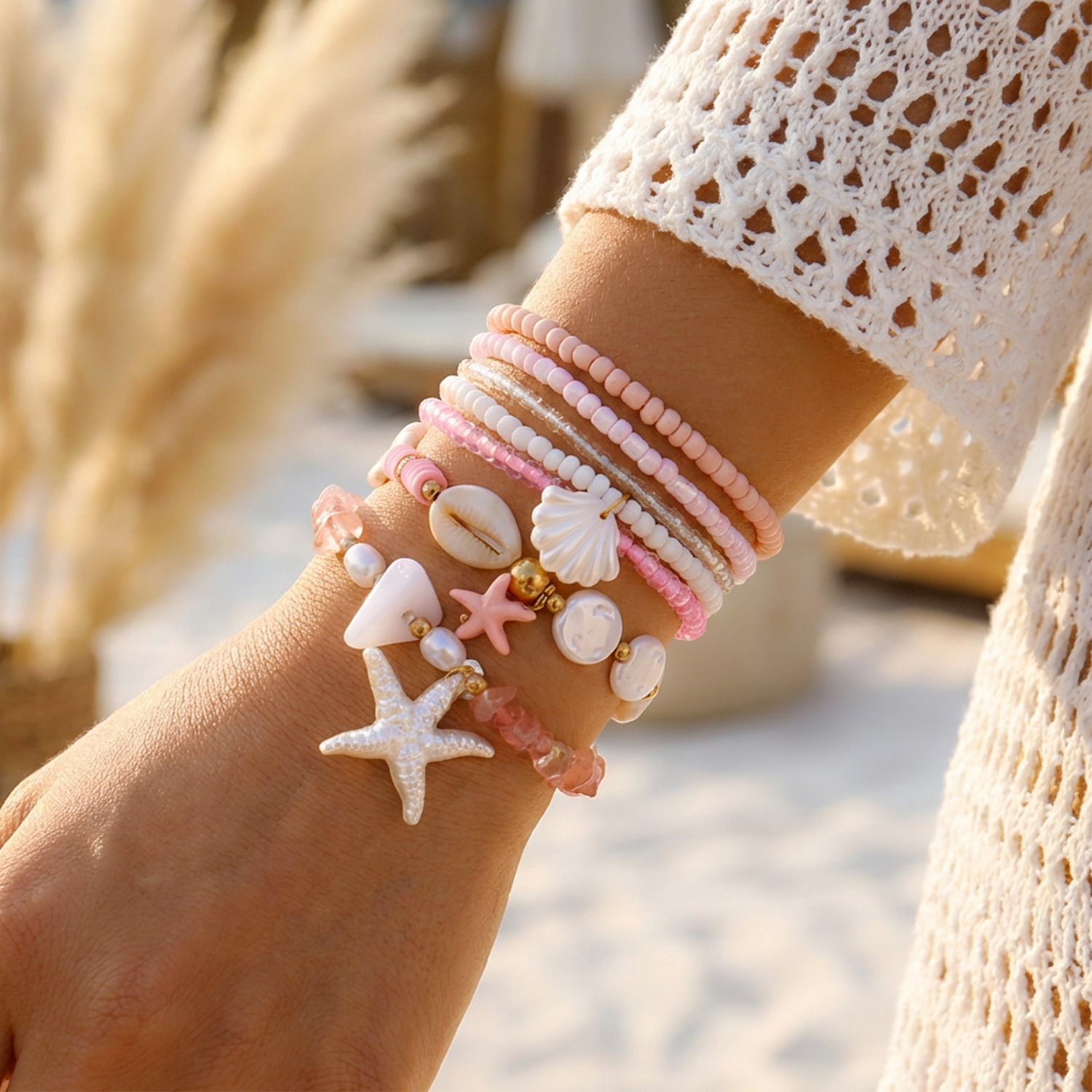 Bohemian Shell Set Bracelet Pendant Niche Women Seed Bead Multi-layer Elastic Bracelet