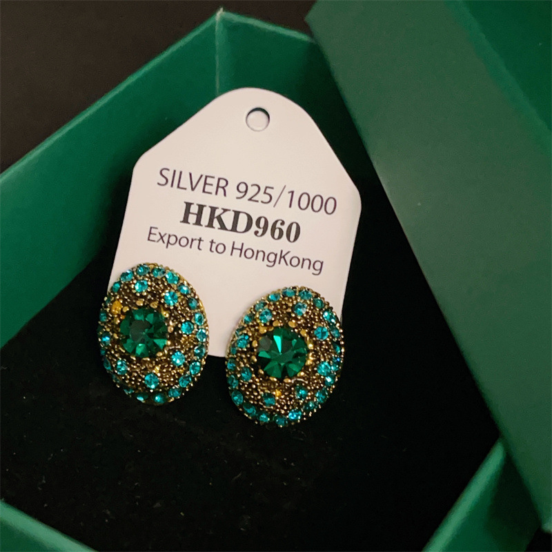 Wind Green Heavy Craft Gemstone Ear Studs Vintage Geometric Colorful Gem Earrings Ear Accessories
