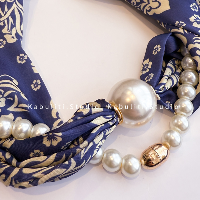 Magnetic buckle pearl necklace narrow small long strip silk scarf women neck protection matching shirt neck scarf gauze scarf thin scarf