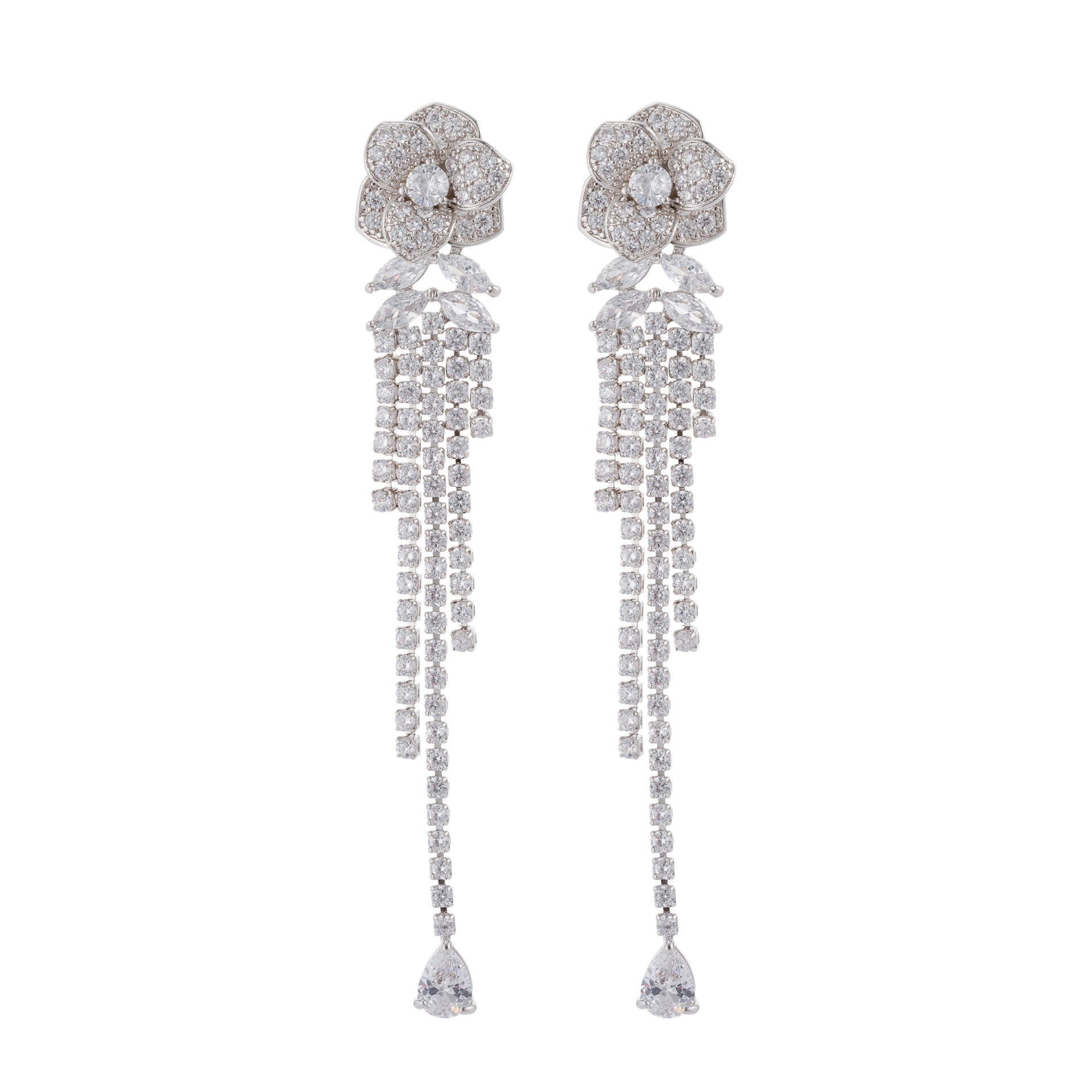 Heavy craft zircon tassel drop earrings S925 silver needle petal stud earrings