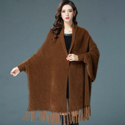Autumn and winter cape shawl with sleeves for women, solid color faux mink sweater, mid-long cardigan, outerwear for cheongsam, thick cape