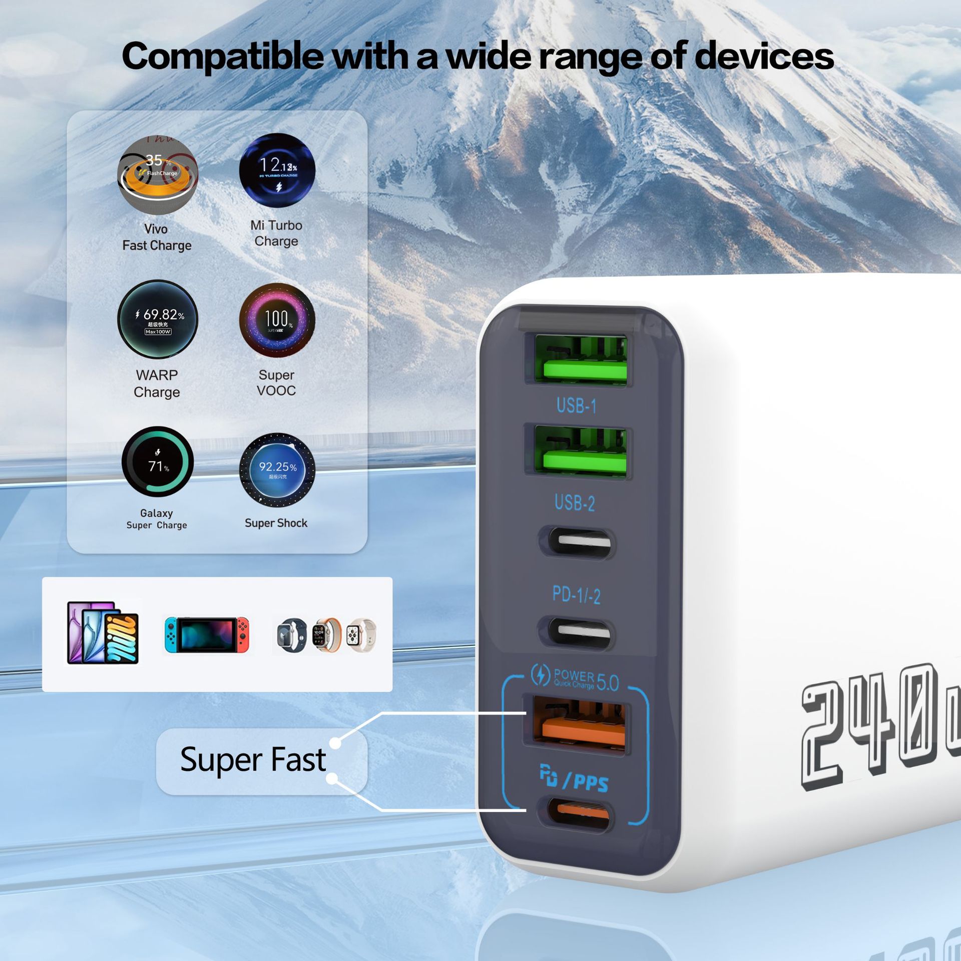 New 240W Multi-Port Charger PD Fast Charge qc3.0 Charging Head 3USB+3PD UK Plug 5V4A