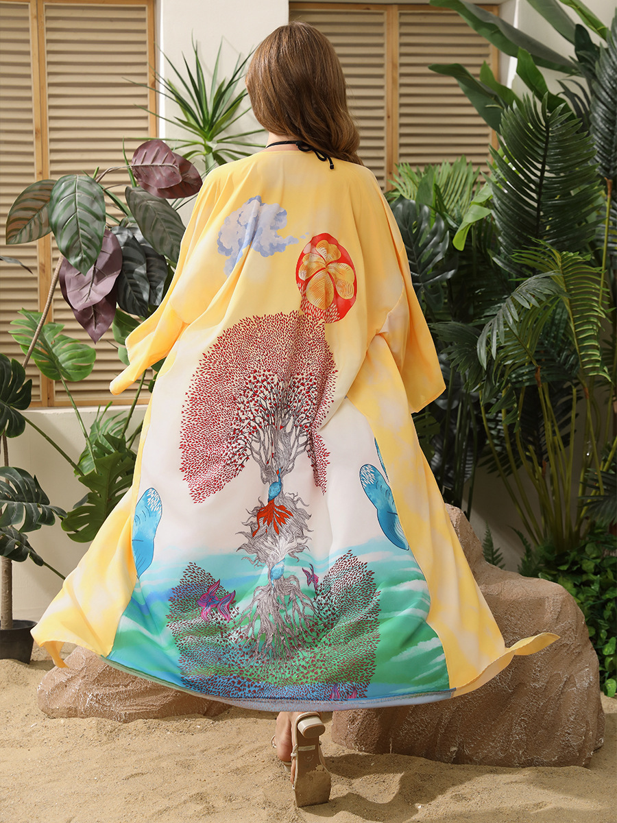 Polyester Printed Long Sun Protection Cardigan Women Swimsuit Outer Bikini Cover Up Women Vacation Beach Jacket