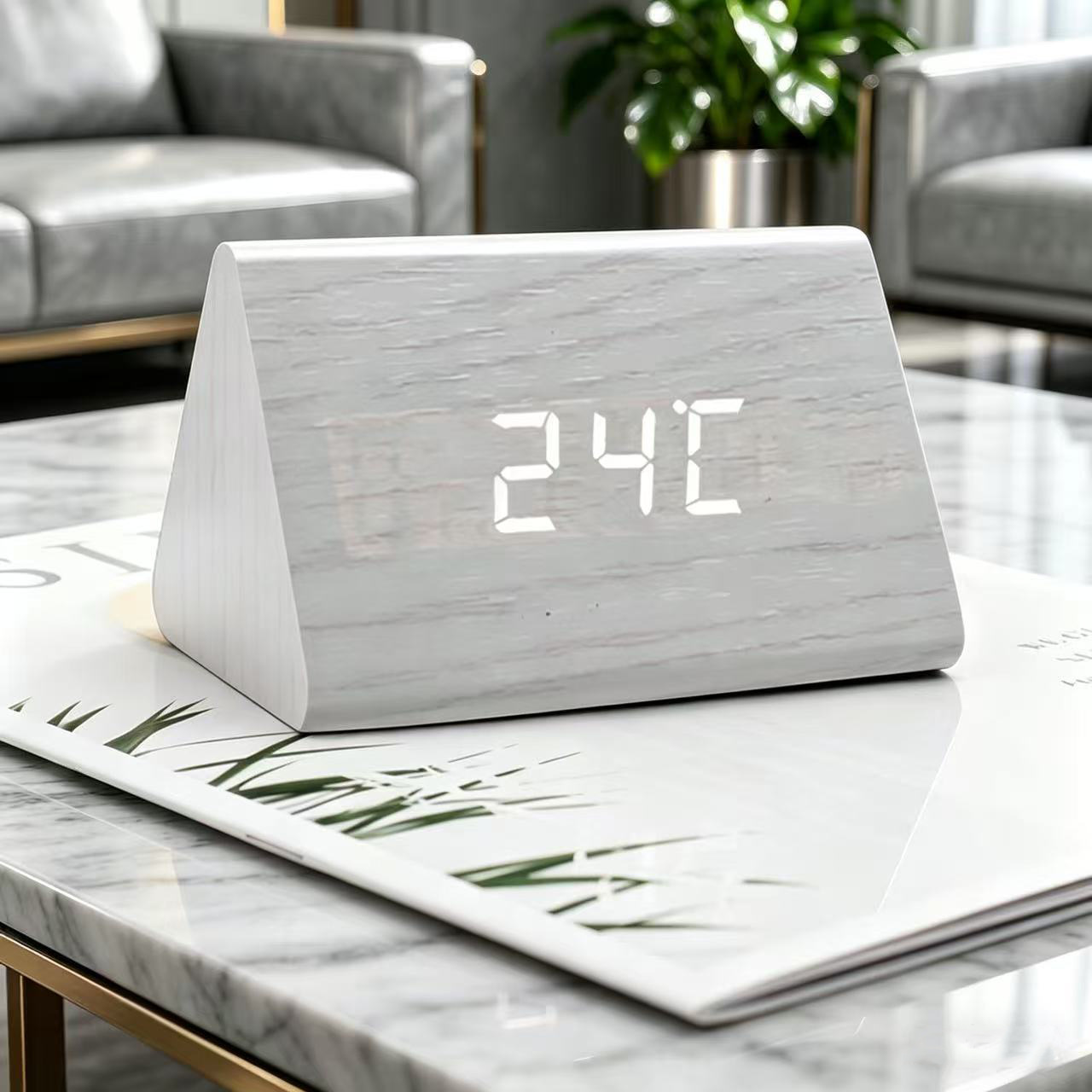 LED wooden voice-controlled alarm clock, office clock, bedside electronic alarm clock, LED digital clock