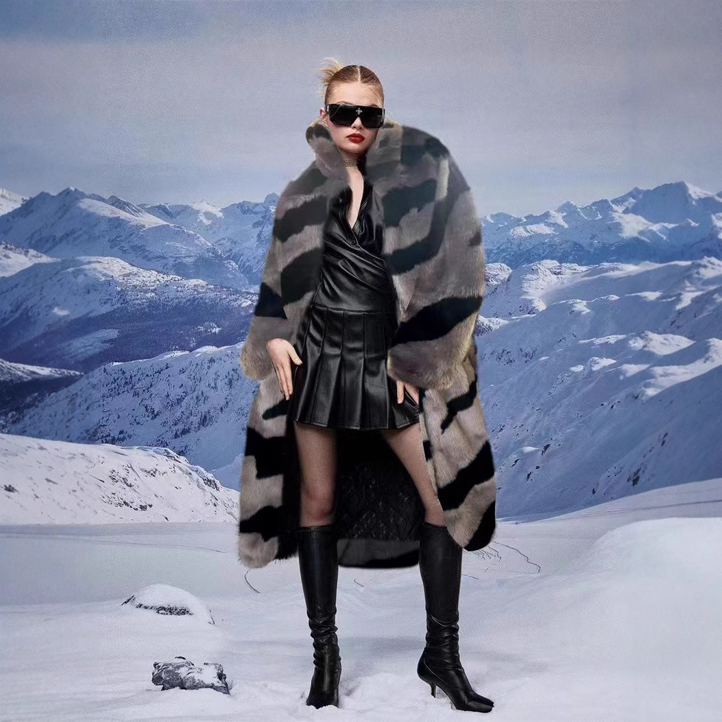 Fur faux fur coat imitation tiger pattern lengthened artificial fur loose