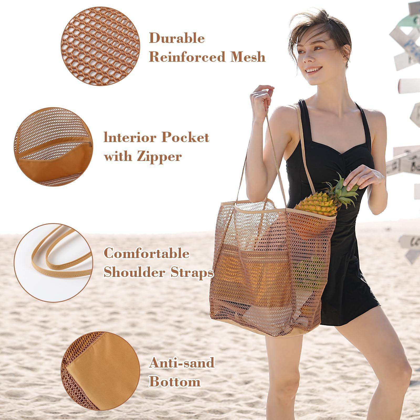 Folding beach bag mesh netting handbag women's shoulder bag summer outdoor travel play bag