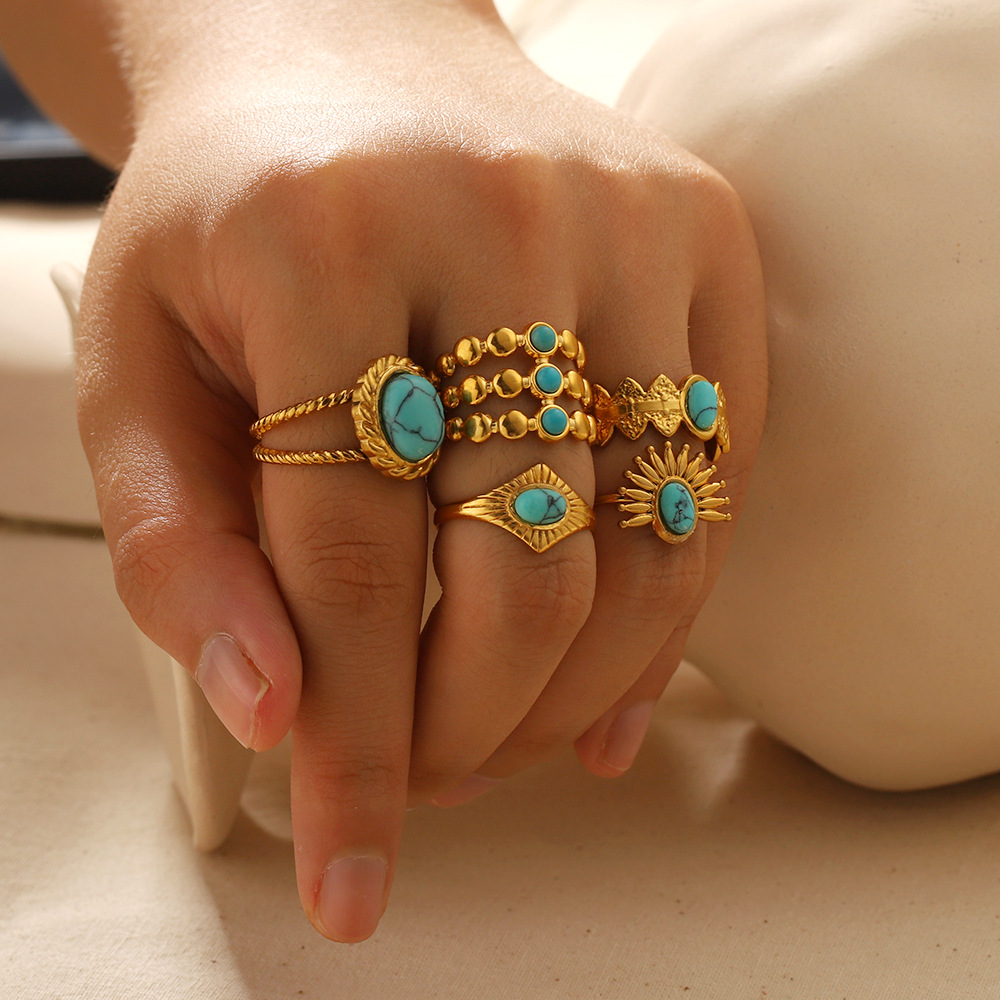 Wind turquoise ring women open ring 18k gold plated stainless steel ring finger ring