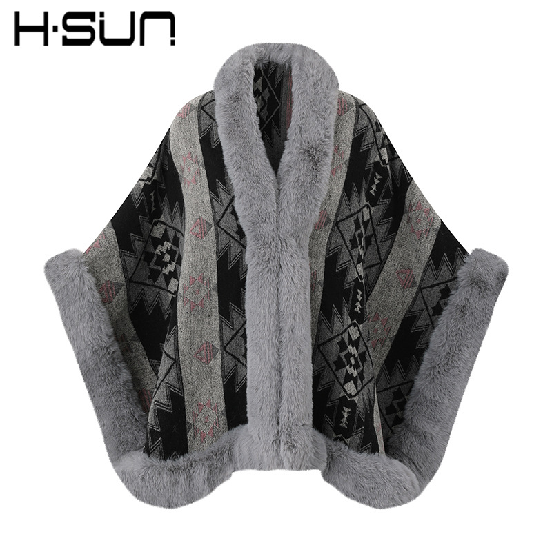 Autumn and Winter Large Loose Imitation Rabbit Fur Collar Split Knit Sweater Women's Poncho Cape Warm Cape Coat