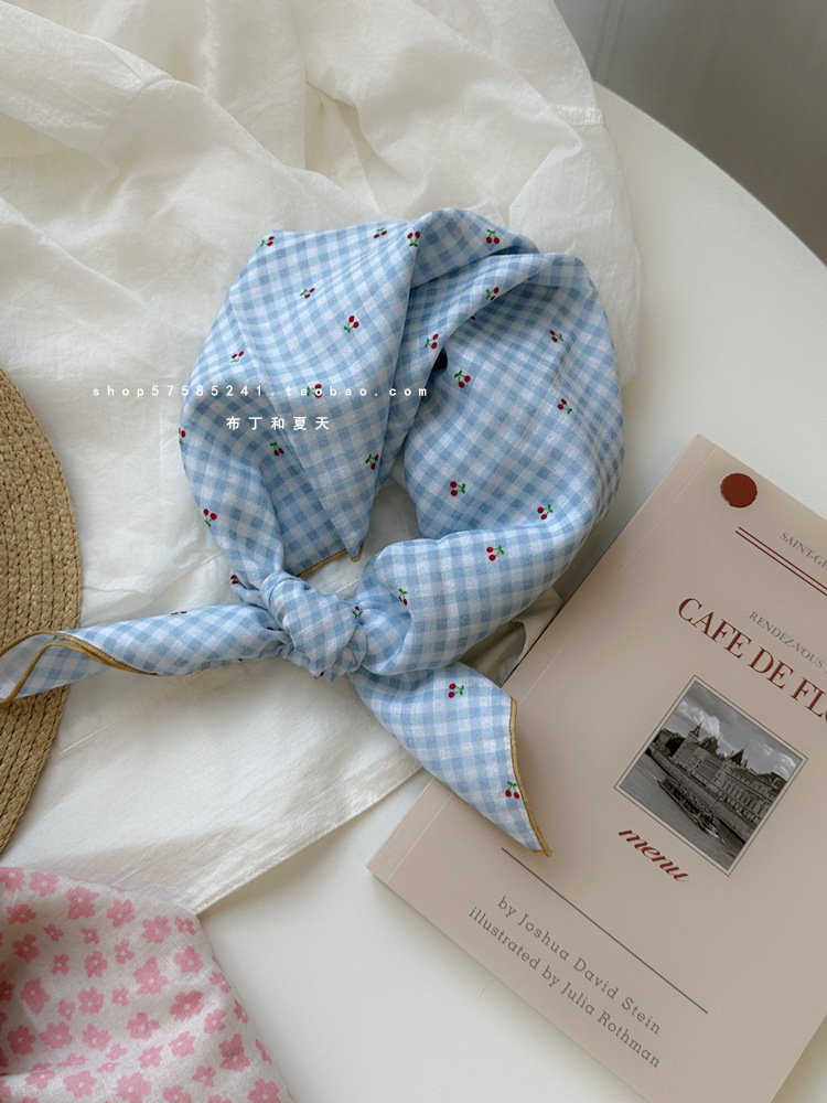 Self-retained soft square scarf with floral and polka dot cotton-linen decorative headscarf, fresh waist scarf