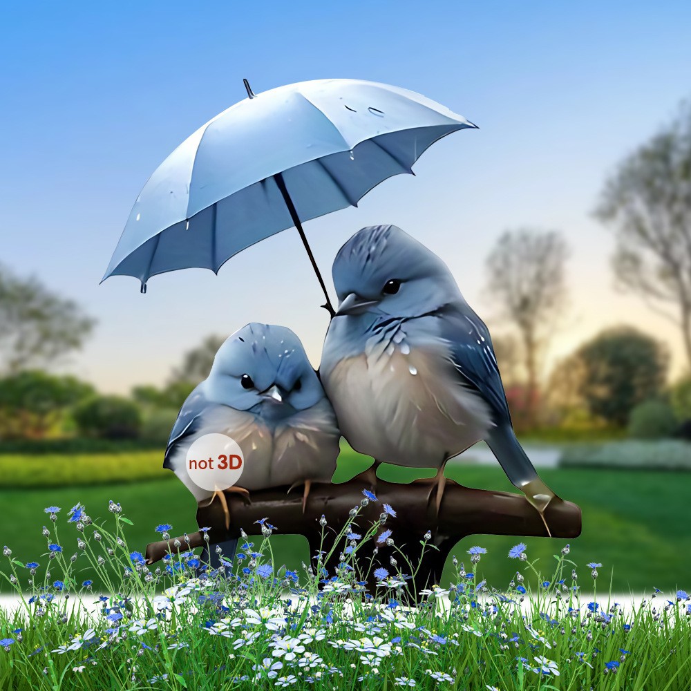 Decorative Style, Two Blue Birds Holding Umbrella in Garden Background, 13.78 Inches, Crystal Motion
