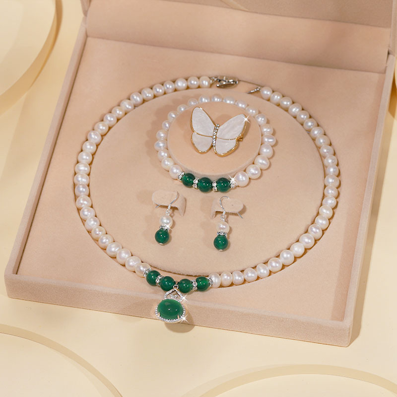 Zhuji Natural Freshwater Pearl Necklace for Women S925 Sterling Silver Three-Piece Set Clavicle Chain Set Mother's Day Gift