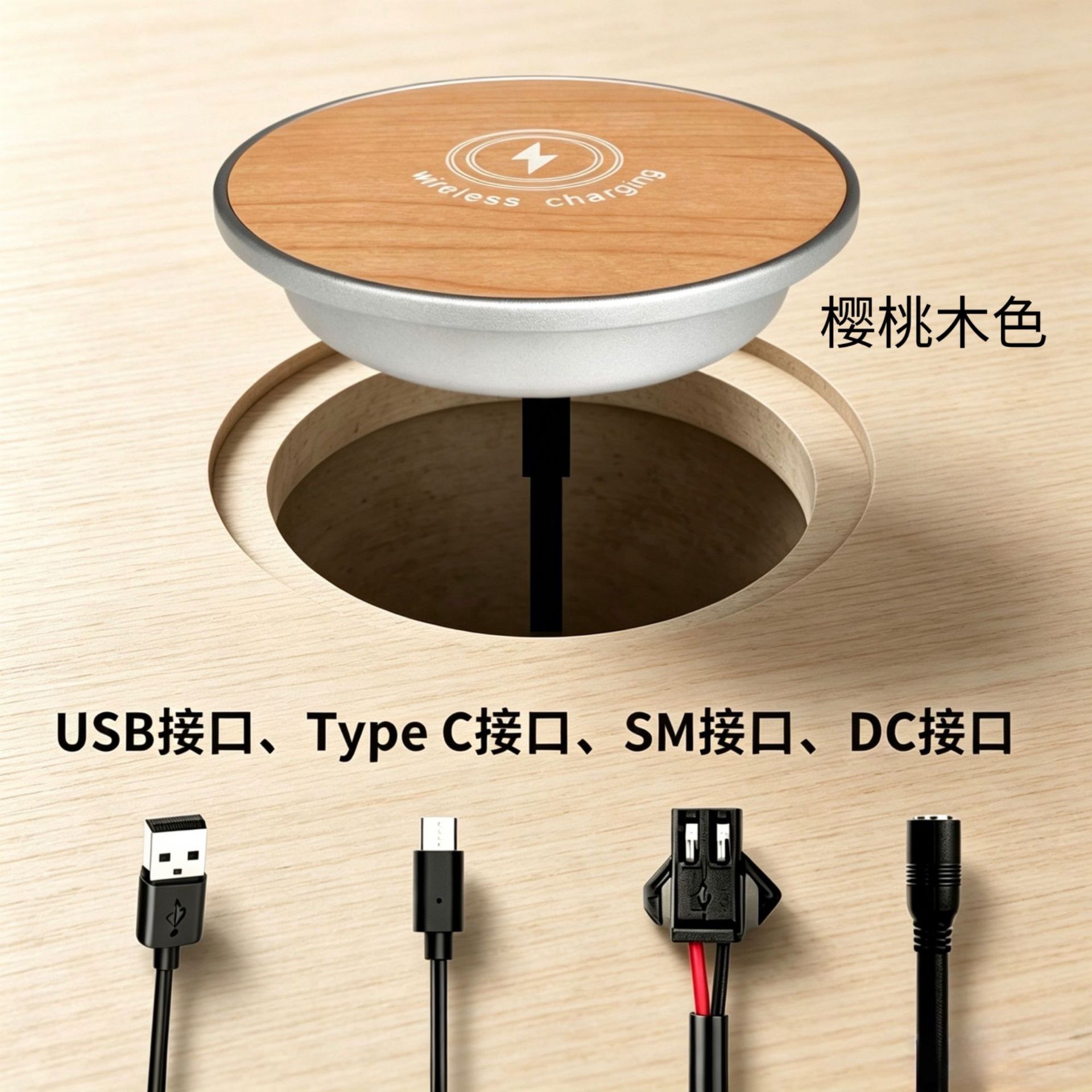 Wood grain desktop embedded magnetic wireless charger suitable for work clothes furniture car office desk hotel Qi15W