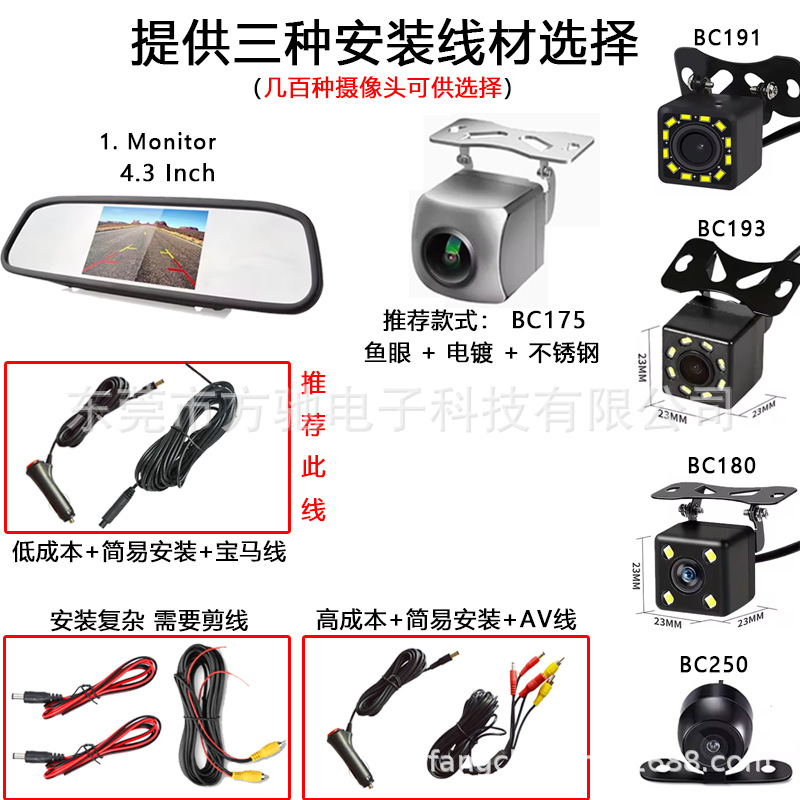 低成本+简易安装+宝马线 + BC175 · 套装 RM433 - CVB高亮 480*272， 提供三种线材选择 + 各种摄像头