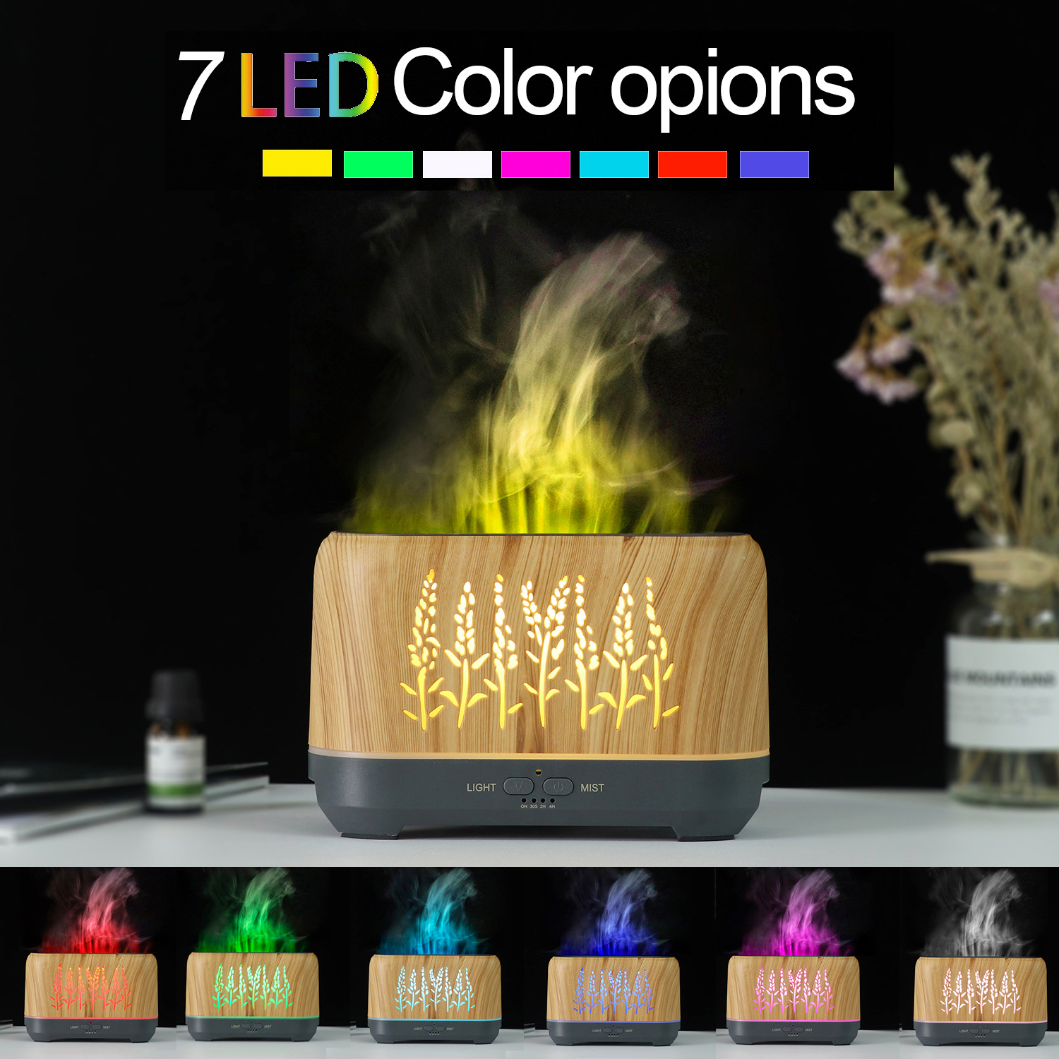 200ml New Product Wood Grain Hollow Wheat Ear Flame Humidifier Home Flame Essential Oil Aromatherapy Diffuser Product