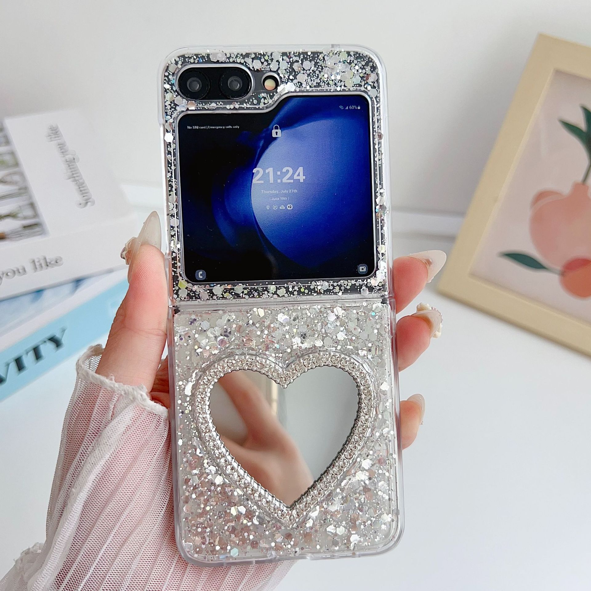 Glitter powder mirror compatible Galaxy zflip 8/7/6/4 phone case Samsung 5th generation folding protective case chain