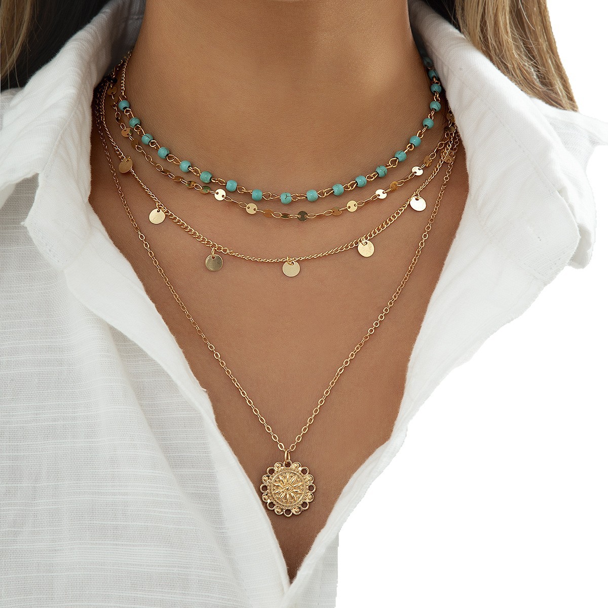 Jewelry Ethnic Style Turquoise Collar Necklace Women Simple Metal Flower Disc Sequins Necklace