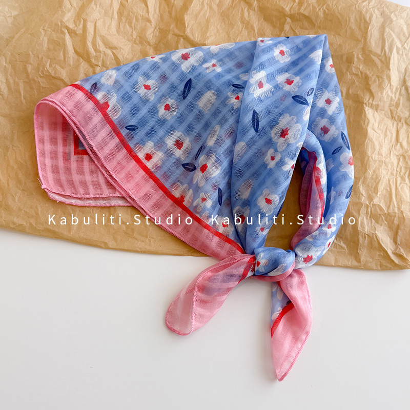 Silk scarf women's cotton linen small square scarf, sweet crushed flower headwrap sun protection decorative photo air-conditioned room shawl