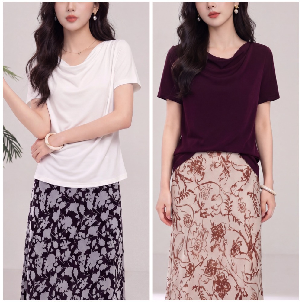 Draped collar acetate short-sleeve white T-shirt women's summer pleated waist top