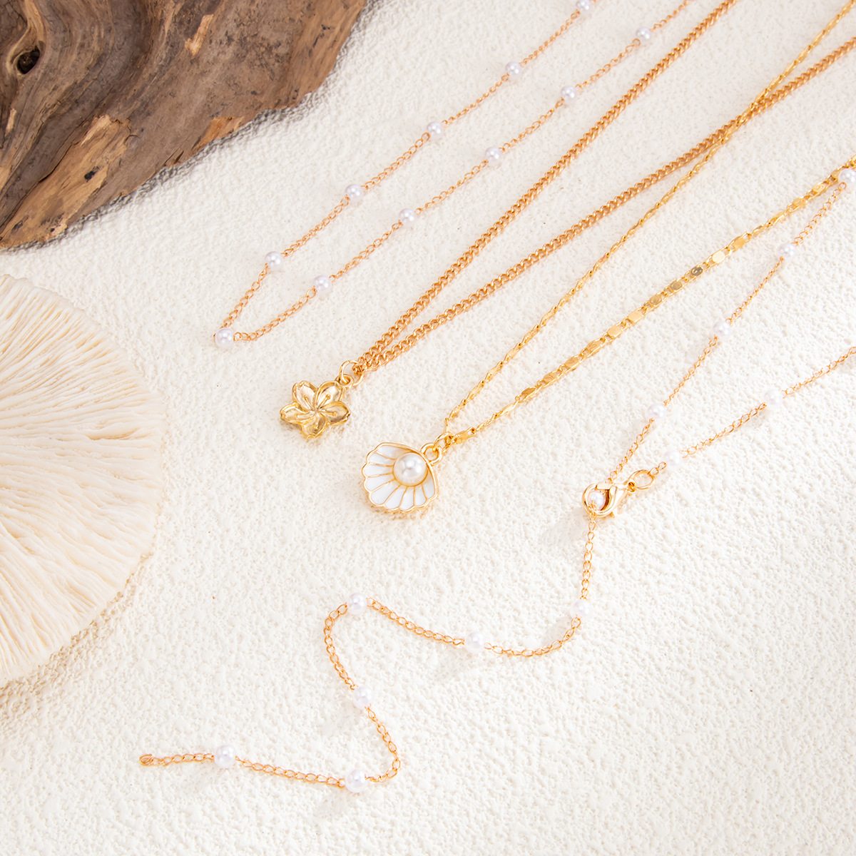 Jewelry starfish pearl necklace set conch scallop flat snake chain neck chain set