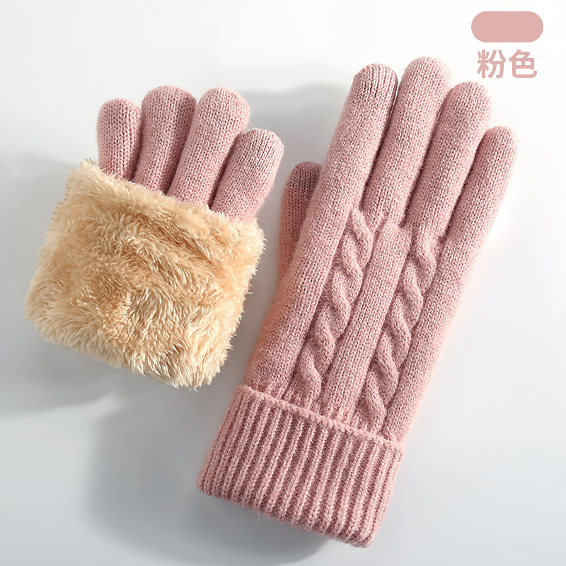 Knitted Gloves Women Winter Double-Layer Fleece-Lined Thick Warm Cold-Proof Outdoor Cycling Touchscreen Gloves